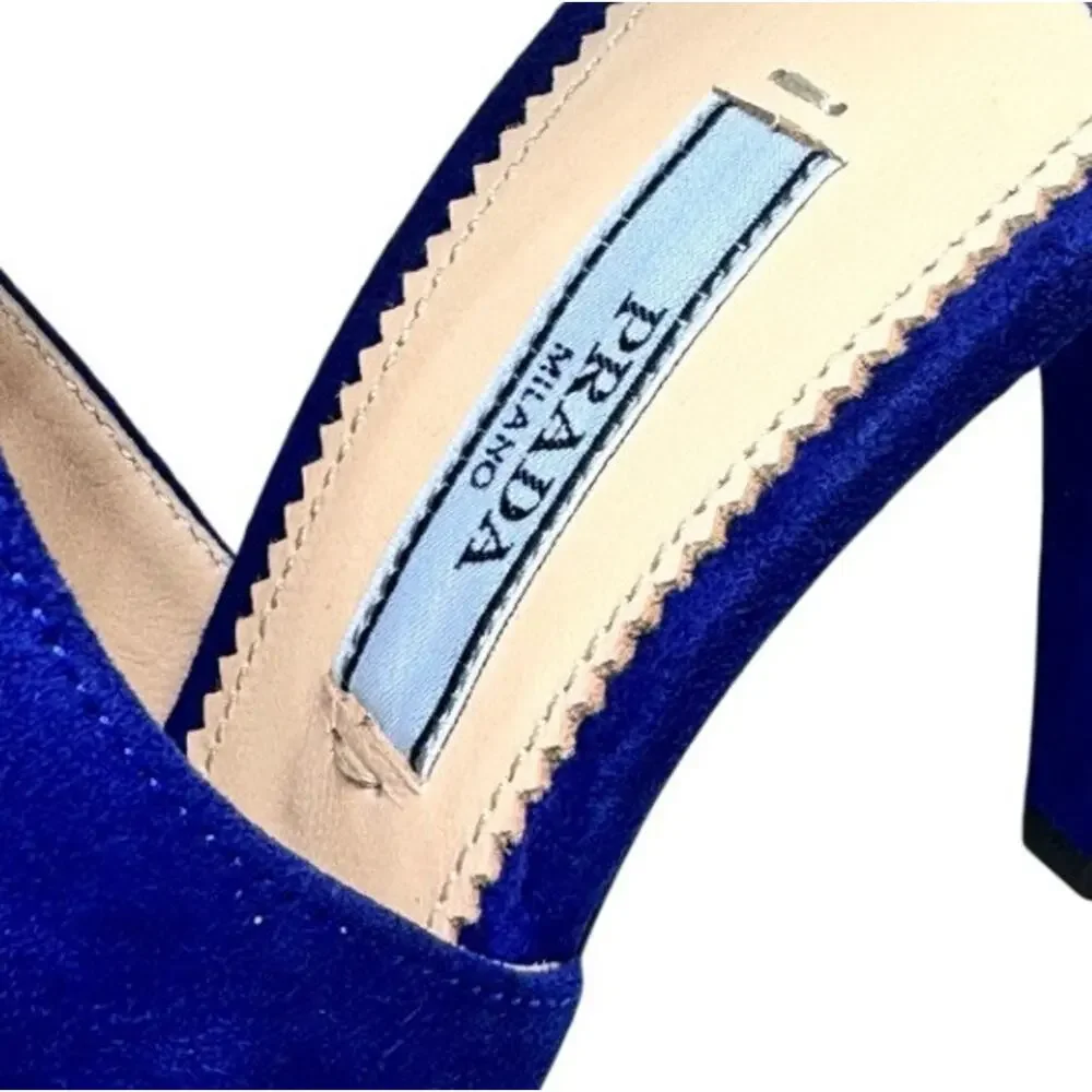 PRADA CAMO SC10 NAVY SUEDE MULE HEELS SIZE 37 ITALY ANKLE STRAP NEW IN BOX